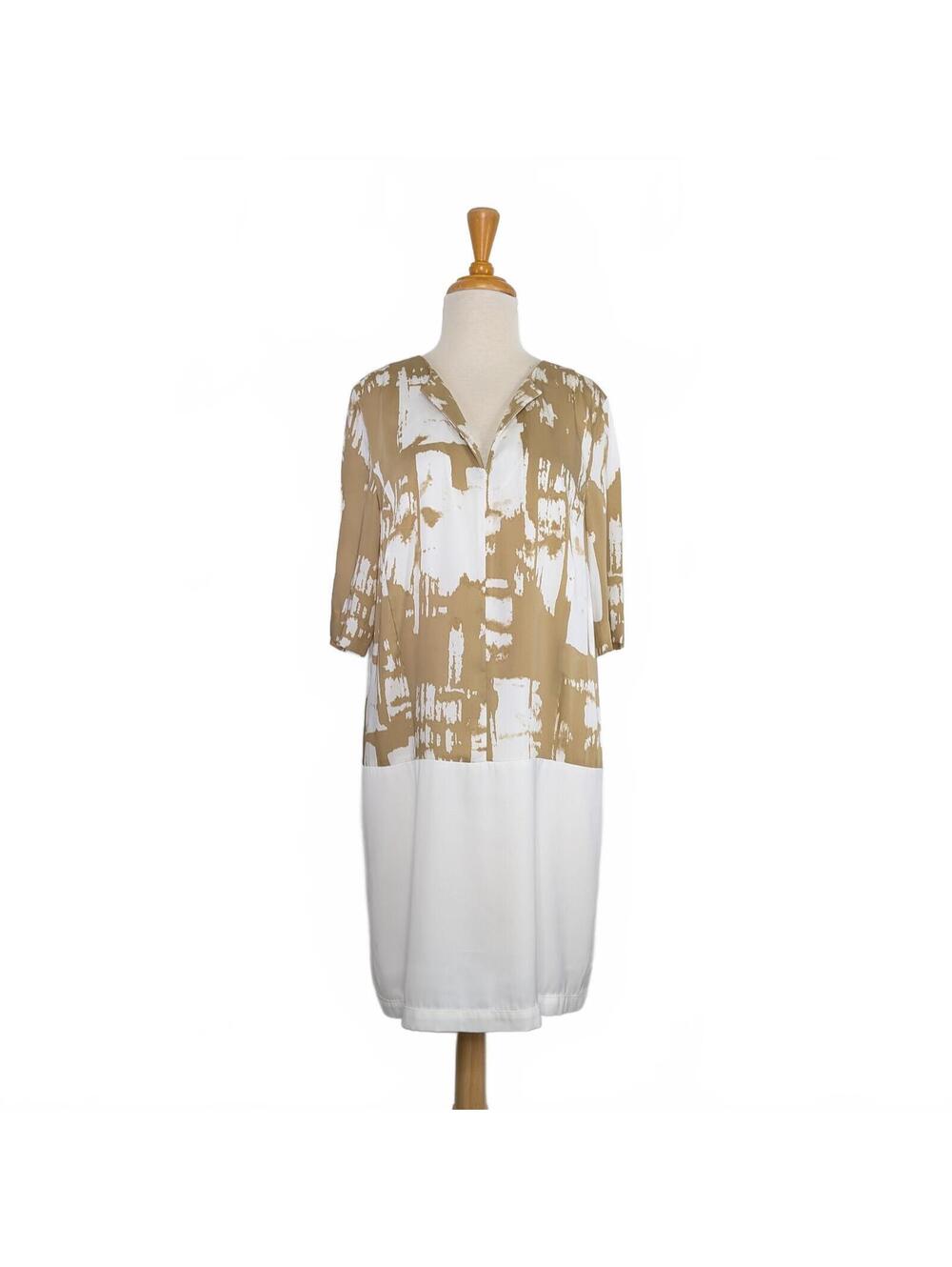 DKNY M Tan White Midi Dress Evening Career Event Evening Art To Wear Abstract